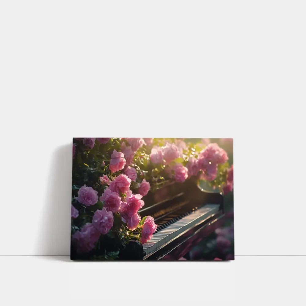 Pink Roses Blooming Around Grand Piano – Wall Art