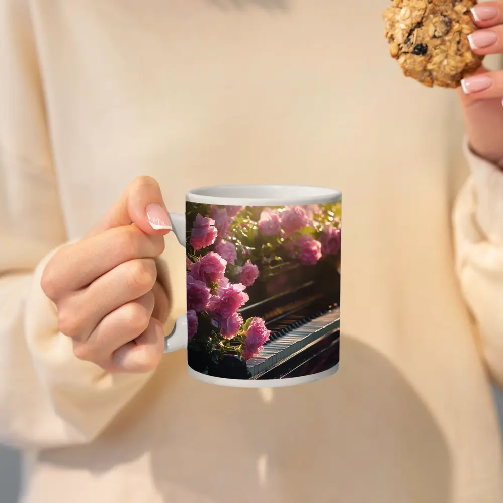 Pink Roses Blooming Around Grand Piano – Mugs