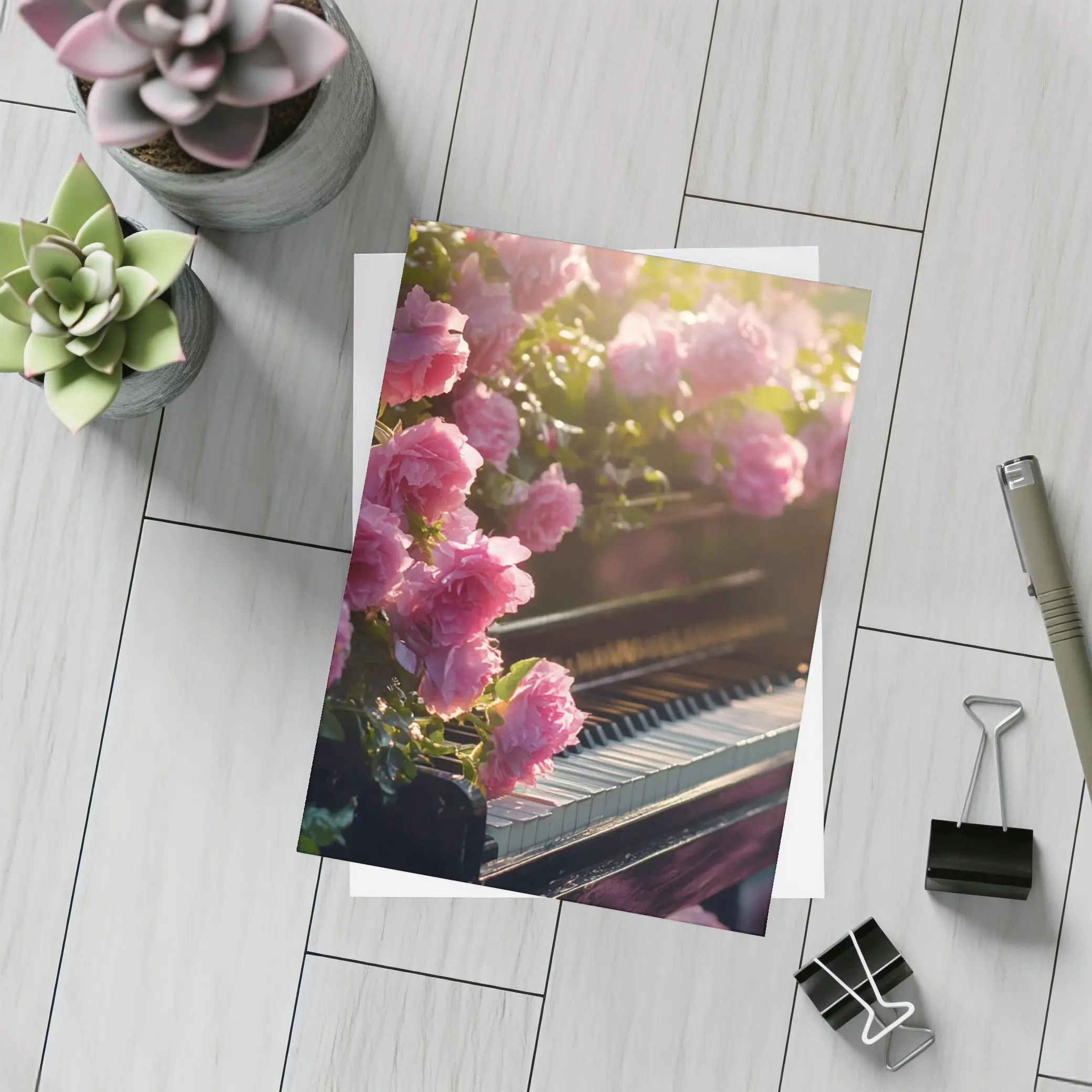 Pink Roses Blooming Around Grand Piano – Postcards