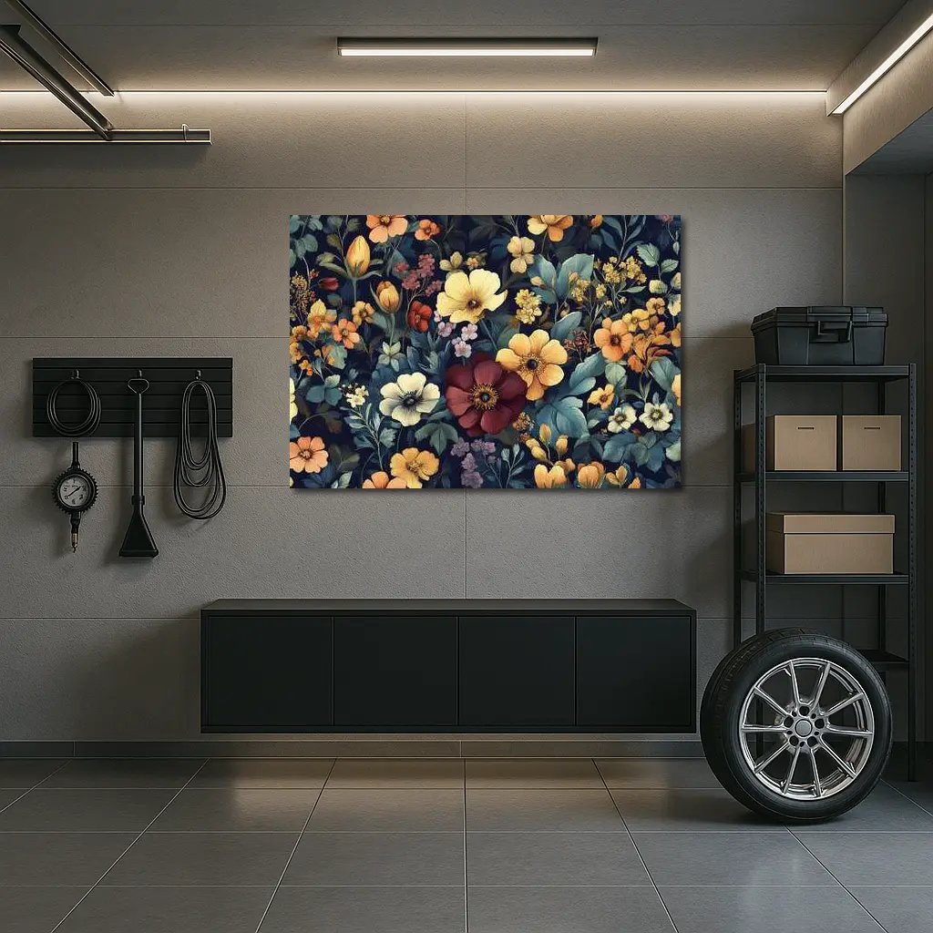 Dark Botanical Floral Pattern Navy Background – Wall Art