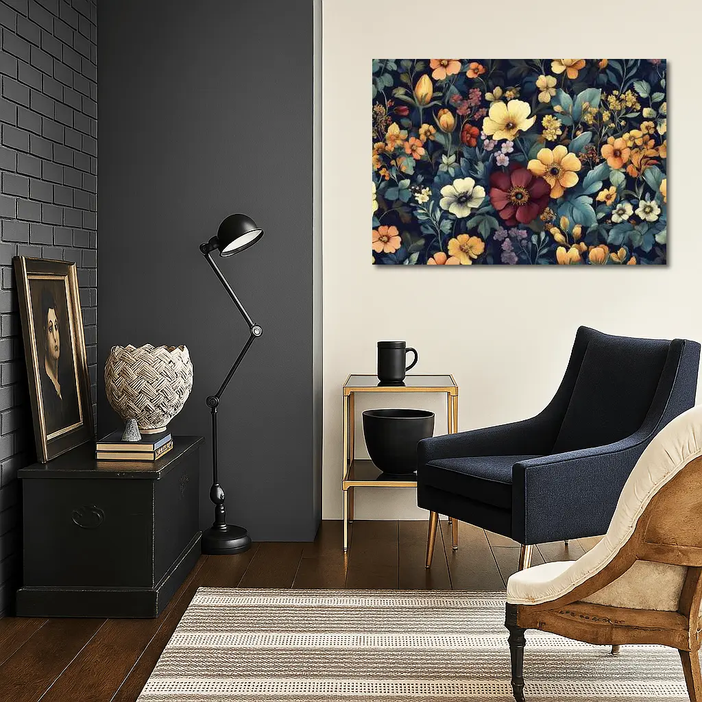 Dark Botanical Floral Pattern Navy Background – Wall Art