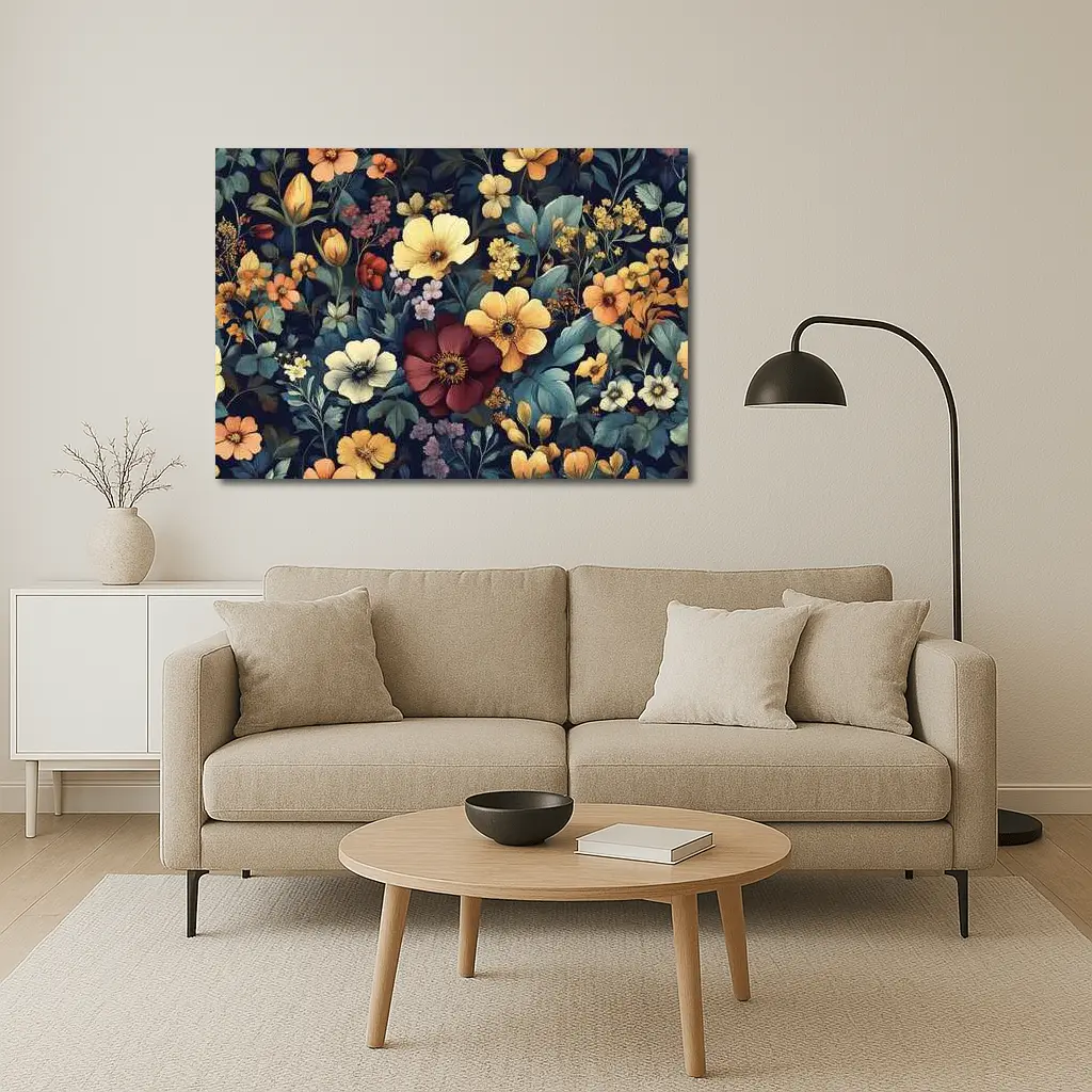 Dark Botanical Floral Pattern Navy Background – Wall Art