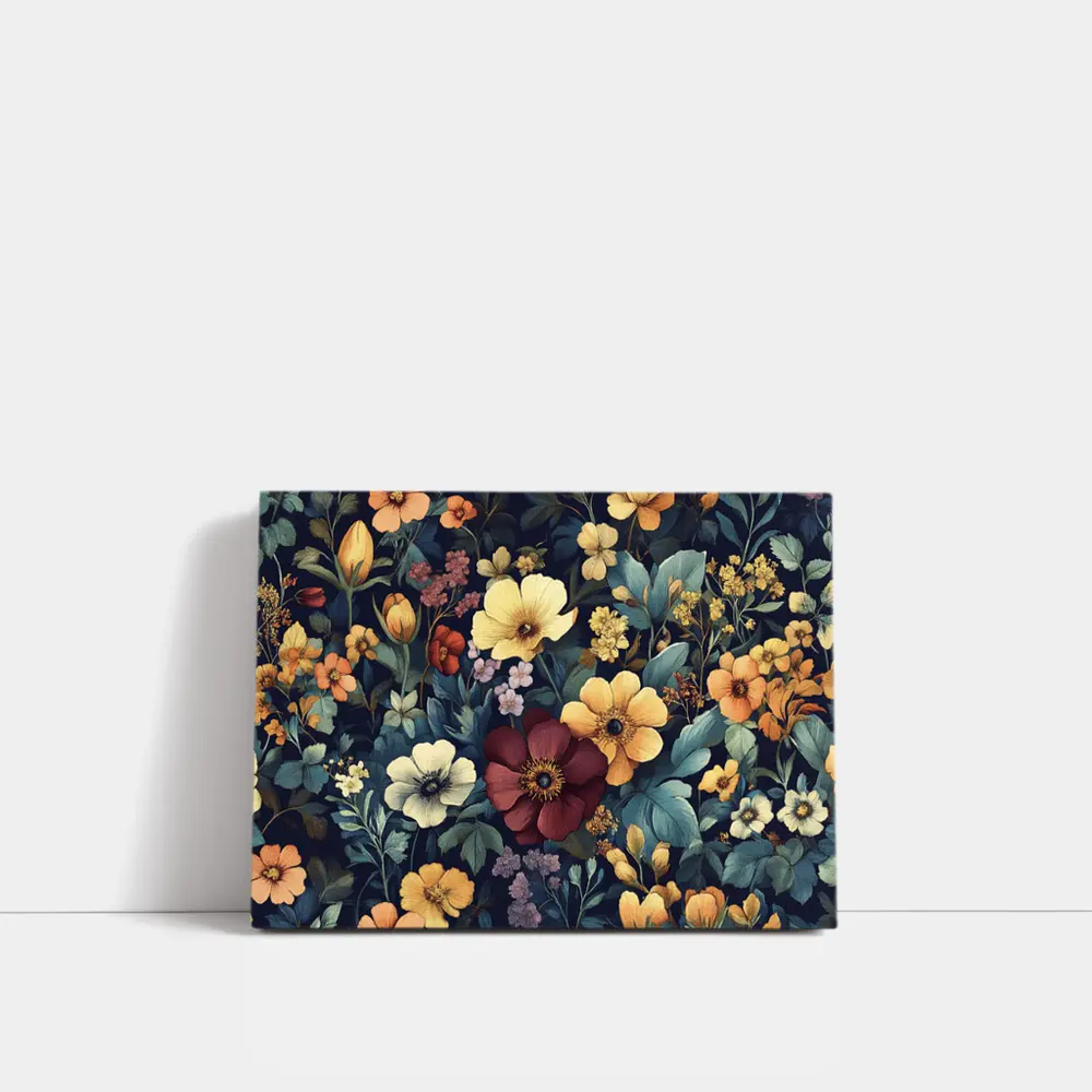 Dark Botanical Floral Pattern Navy Background – Wall Art