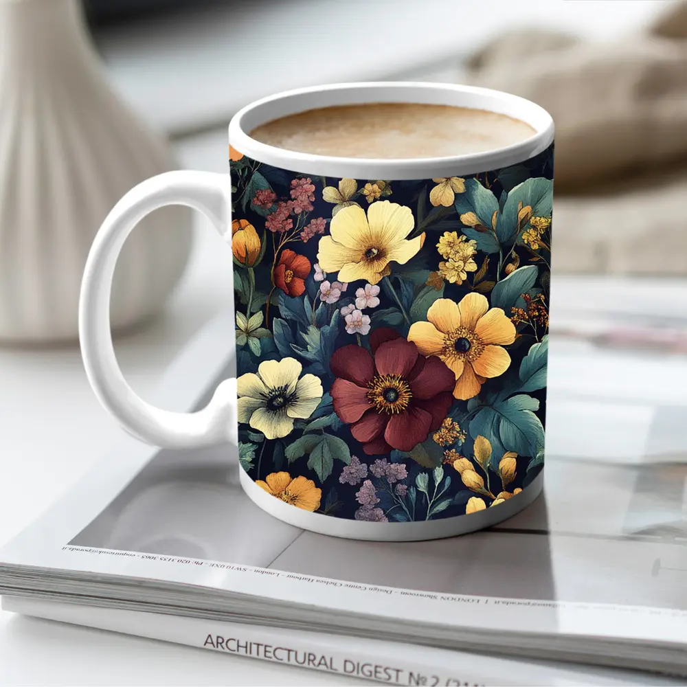 Dark Botanical Floral Pattern Navy Background – Mugs