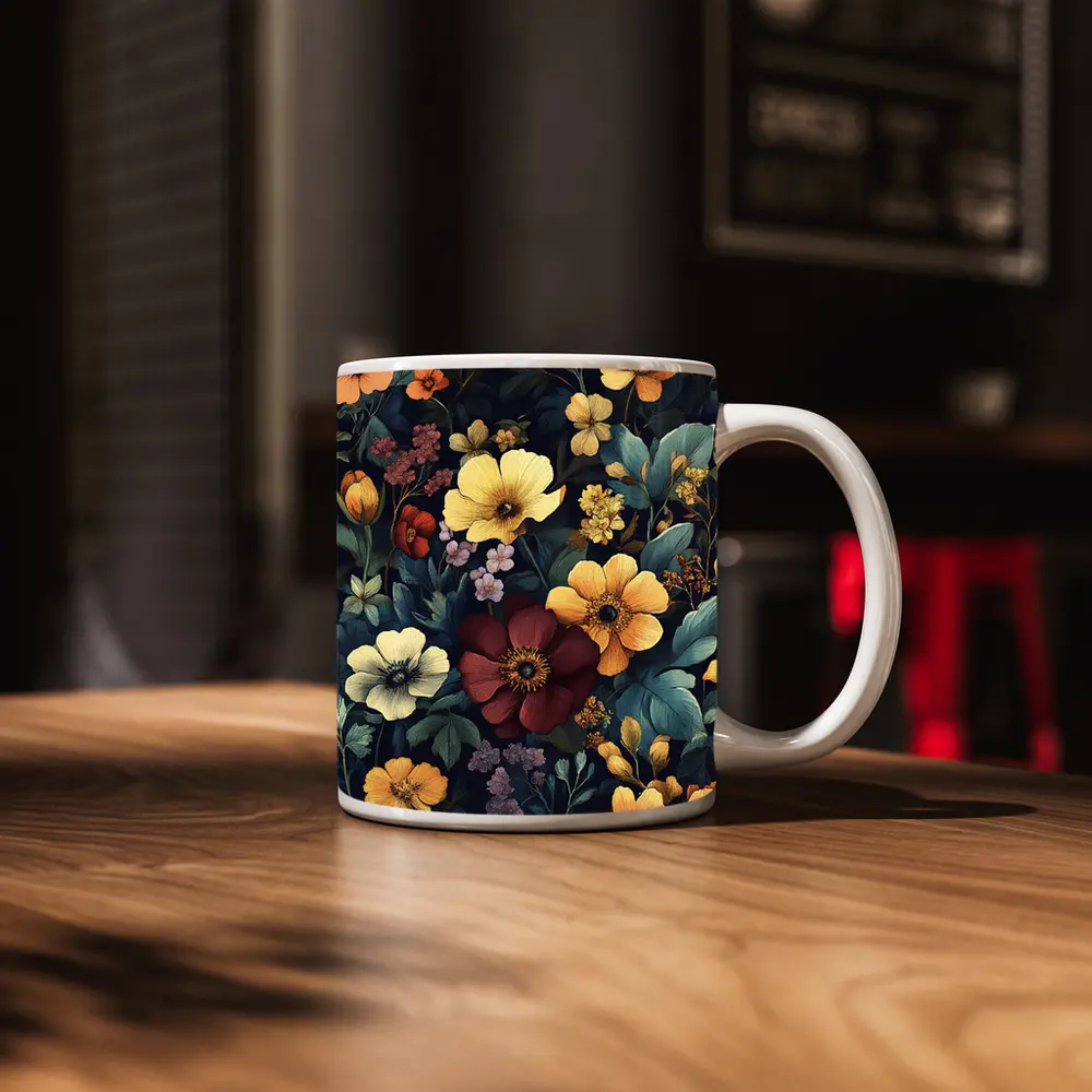 Dark Botanical Floral Pattern Navy Background – Mugs