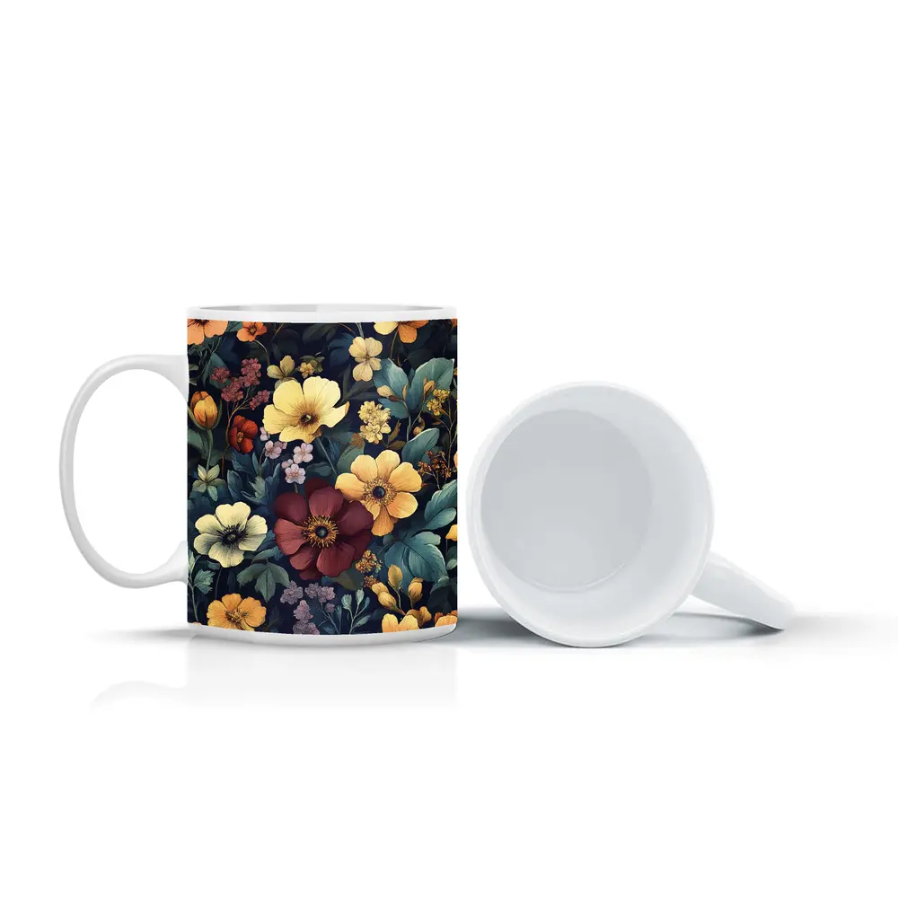 Dark Botanical Floral Pattern Navy Background – Mugs