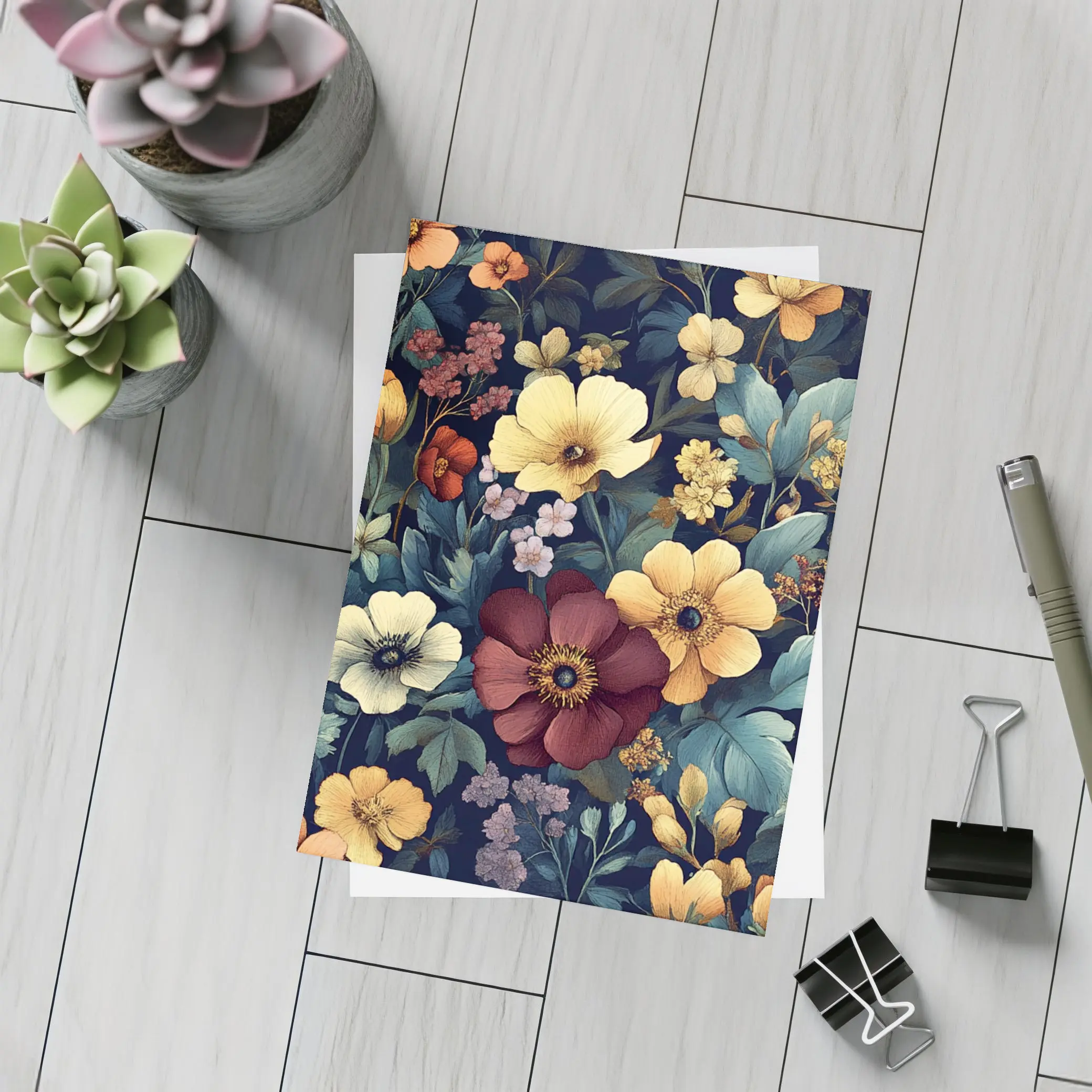 Dark Botanical Floral Pattern Navy Background – Postcards