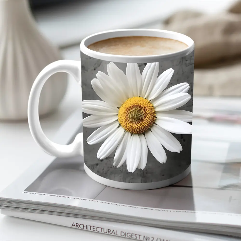 White Daisy Flower Gray Concrete Background – Mugs