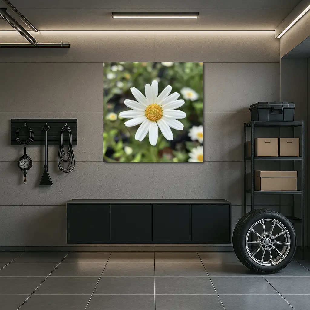 White Daisy Flower Green Garden Background – Wall Art