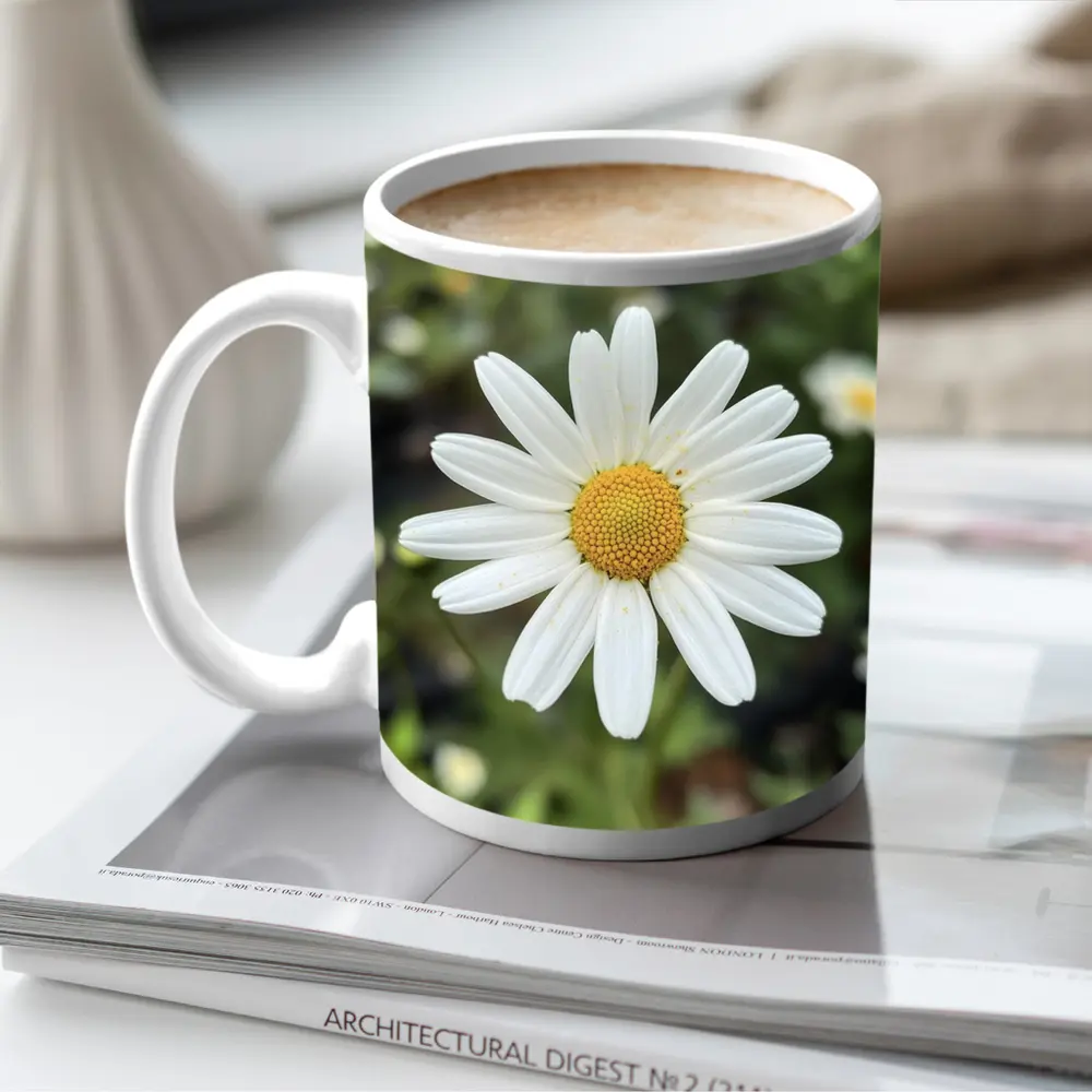 White Daisy Flower Green Garden Background – Mugs