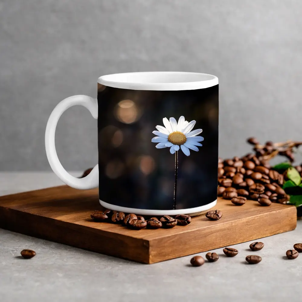 Single Daisy Flower Dark Bokeh Background – Mugs
