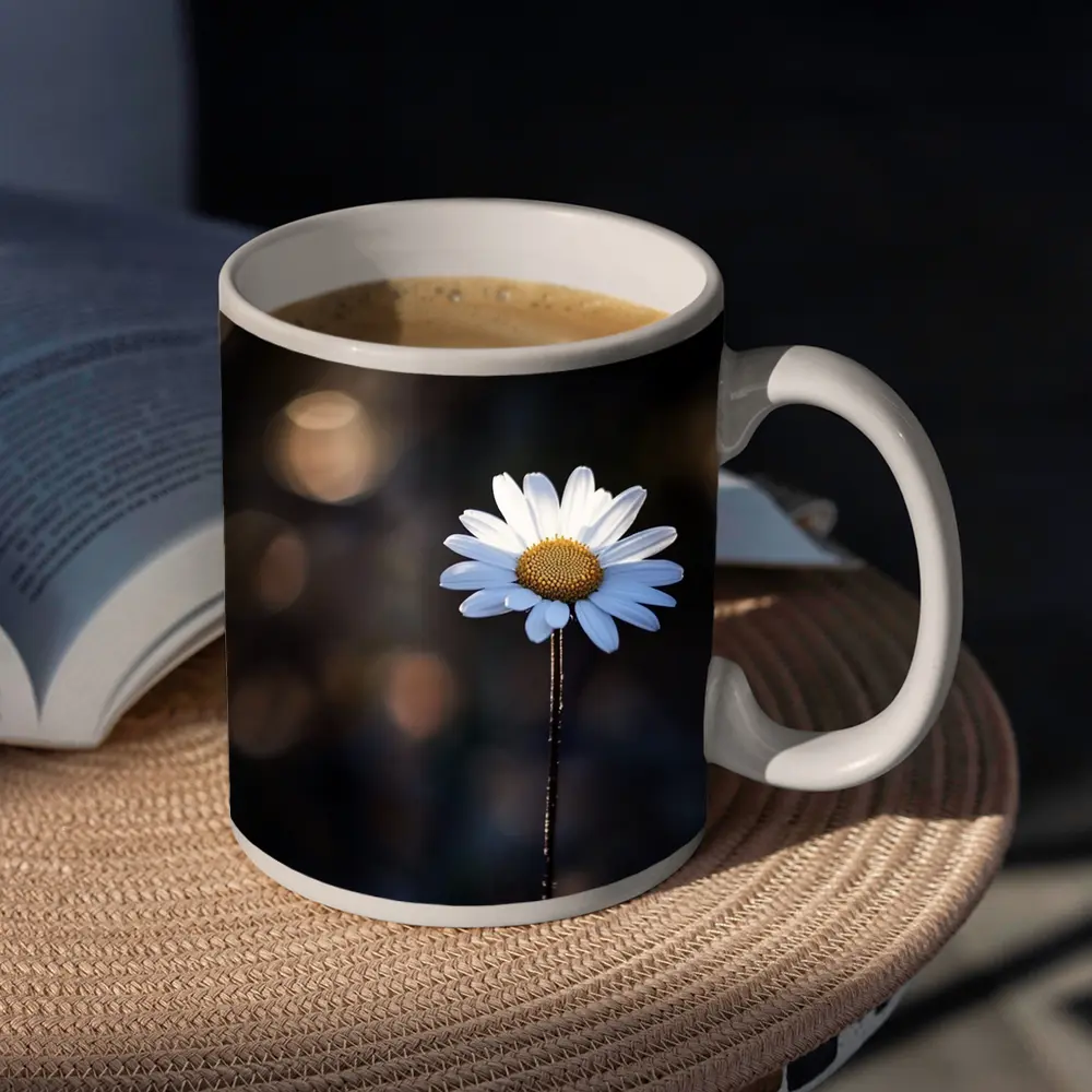Single Daisy Flower Dark Bokeh Background – Mugs