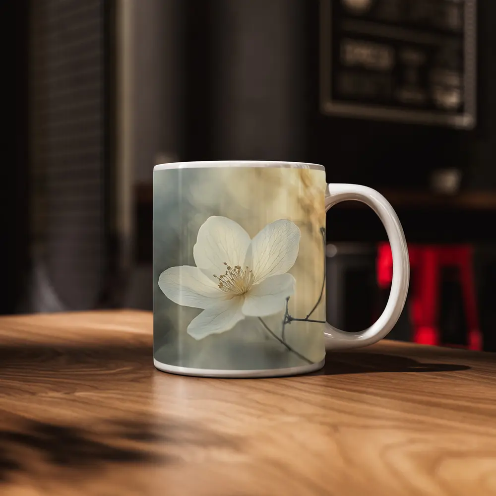 White Anemone Flower Soft Misty Background – Mugs