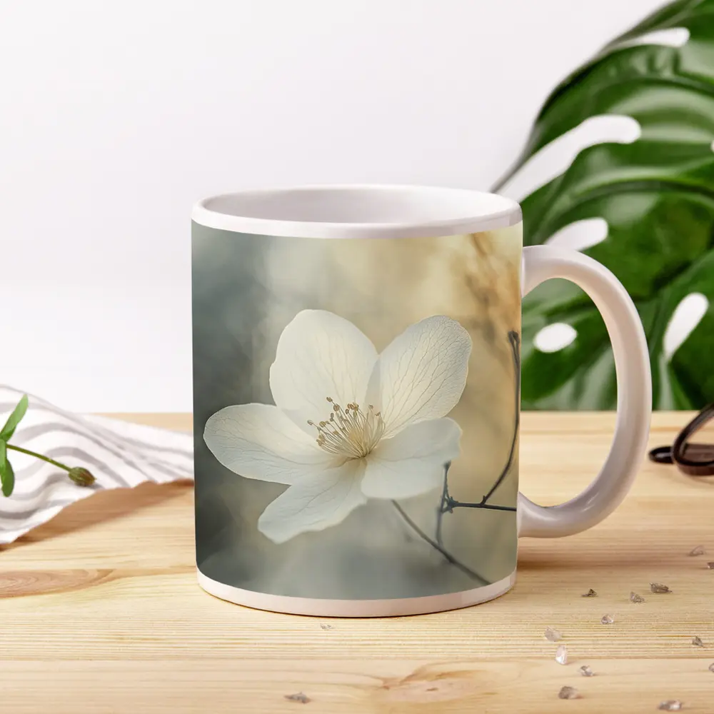 White Anemone Flower Soft Misty Background – Mugs