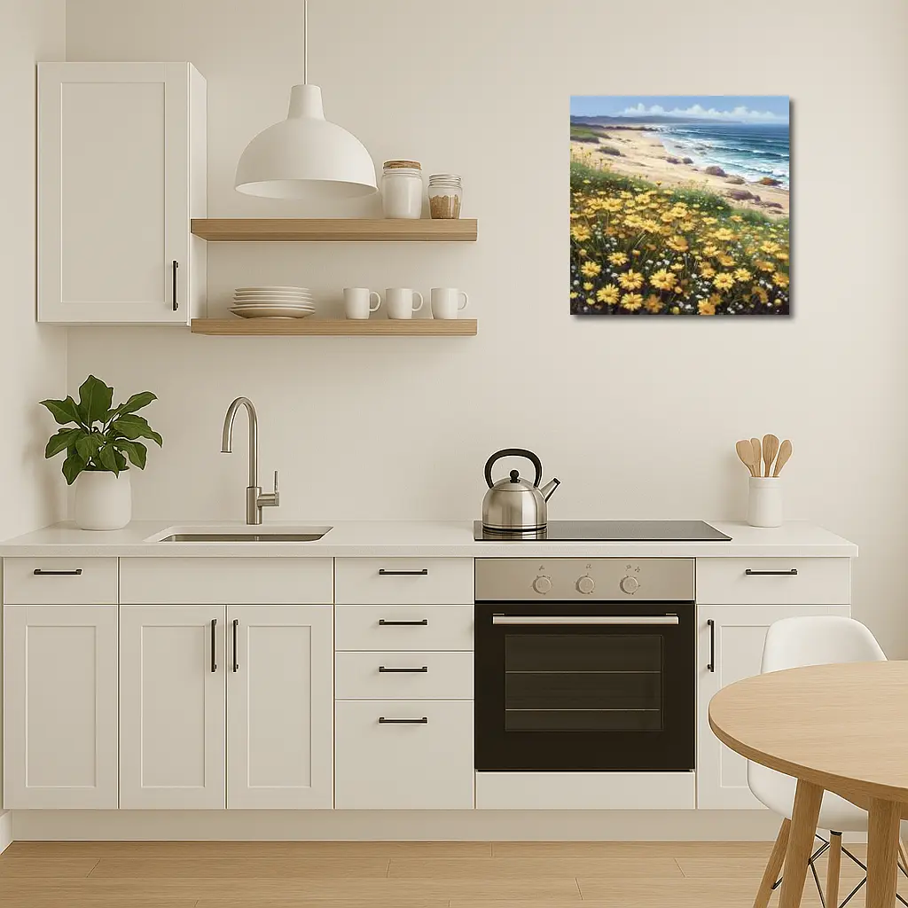 Yellow Daisies Coastal Beach Ocean Landscape Painting – Wall Art