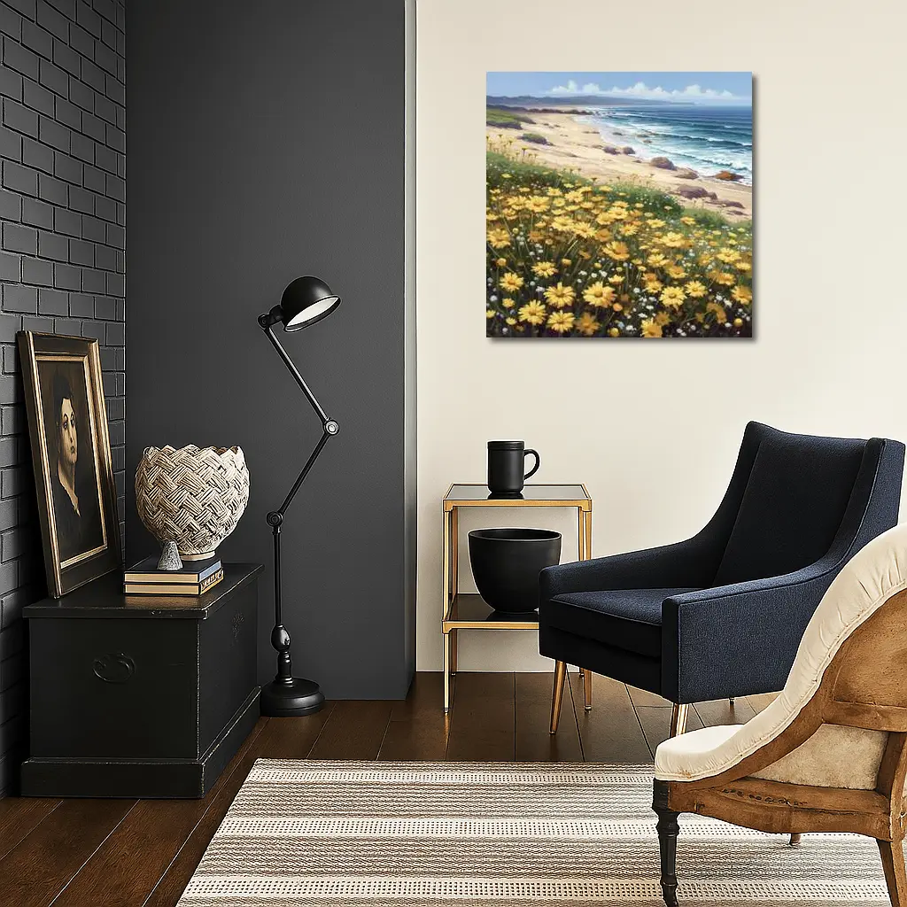 Yellow Daisies Coastal Beach Ocean Landscape Painting – Wall Art