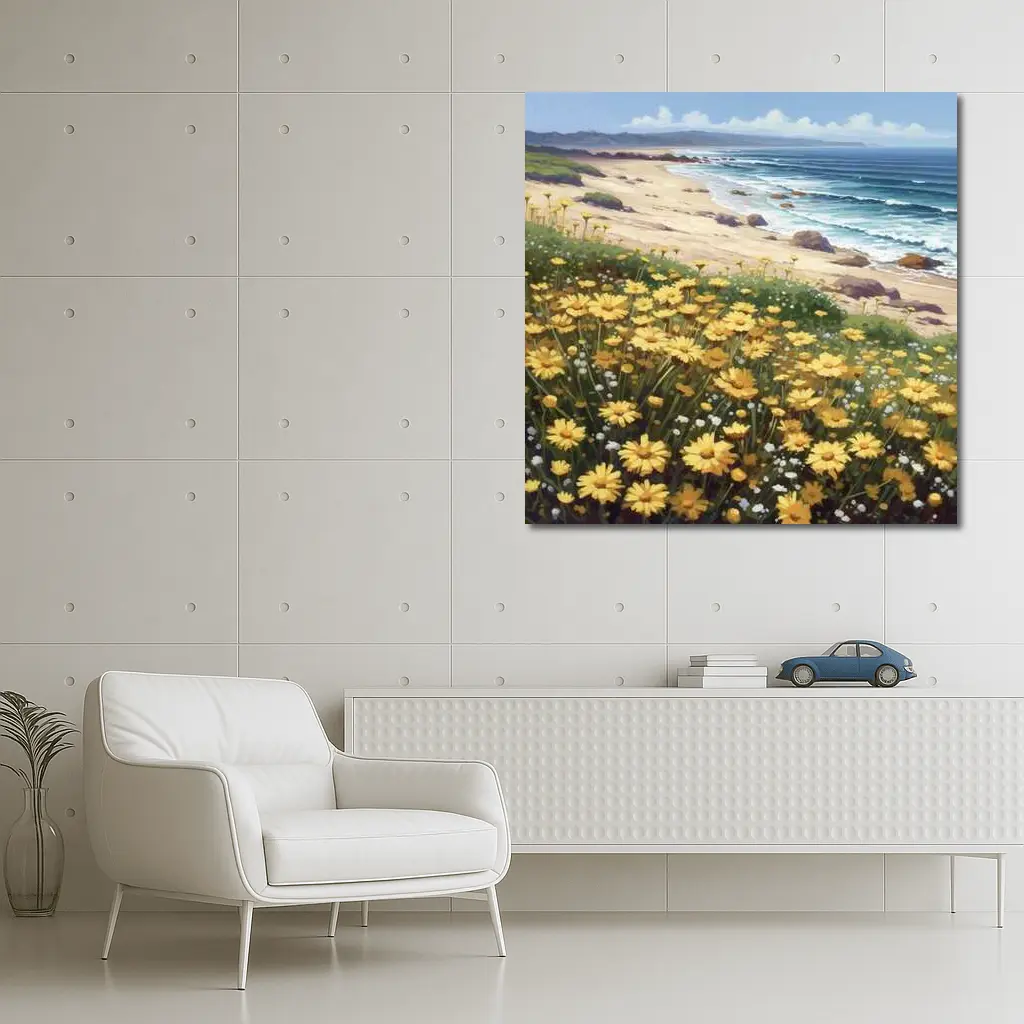 Yellow Daisies Coastal Beach Ocean Landscape Painting – Wall Art