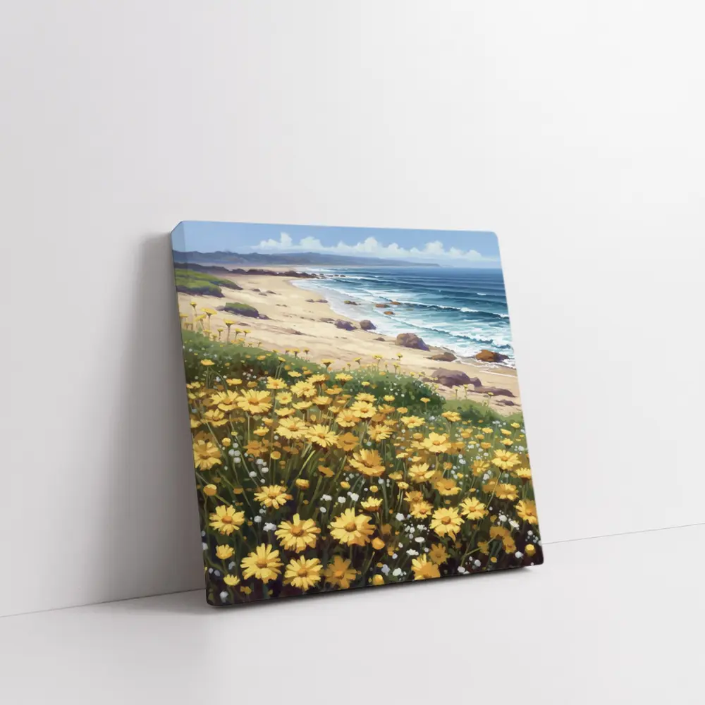 Yellow Daisies Coastal Beach Ocean Landscape Painting – Wall Art
