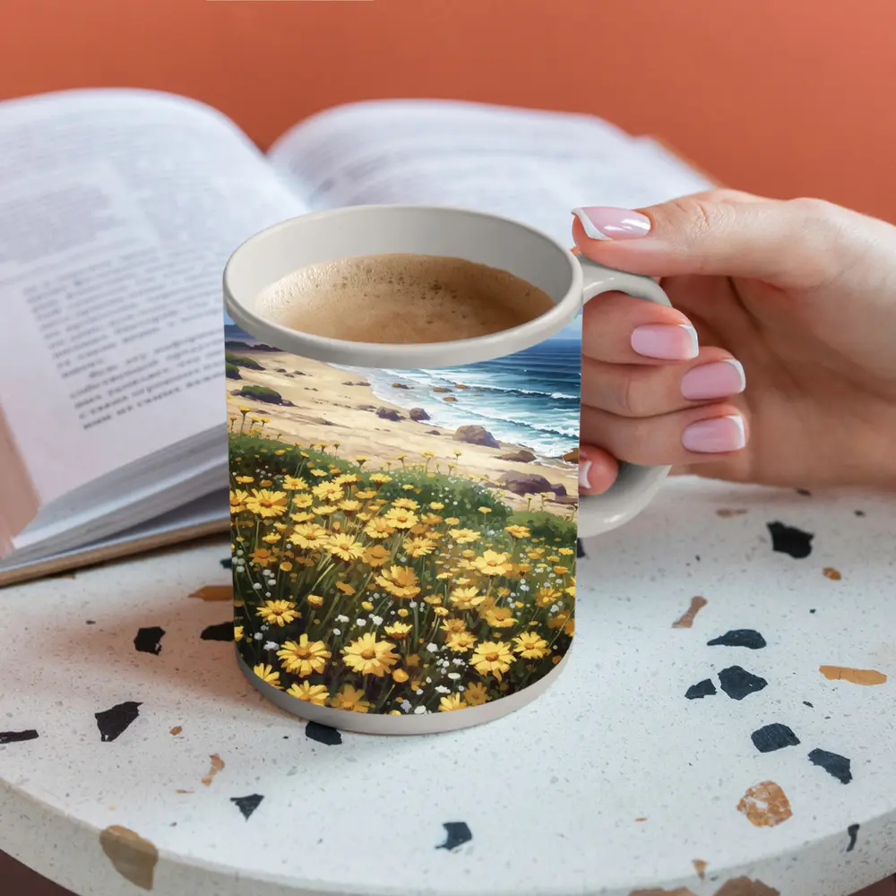 Yellow Daisies Coastal Beach Ocean Landscape Painting – Mugs