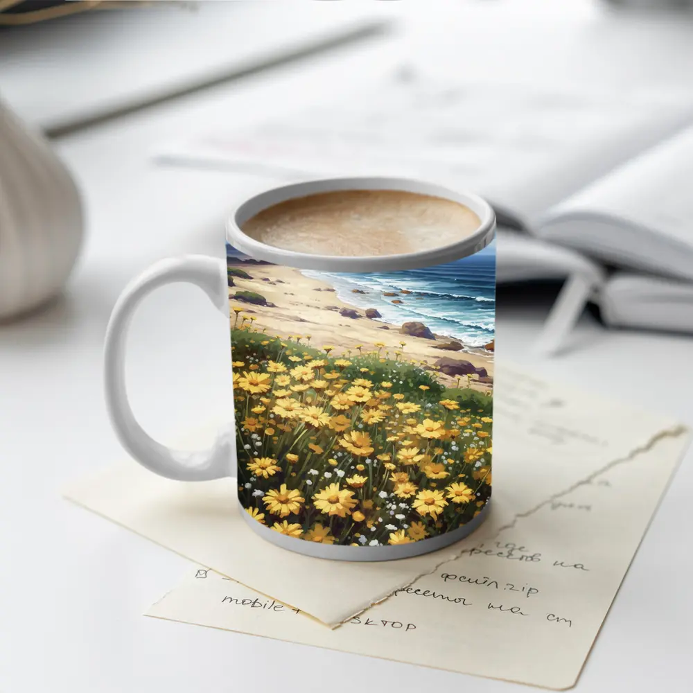 Yellow Daisies Coastal Beach Ocean Landscape Painting – Mugs