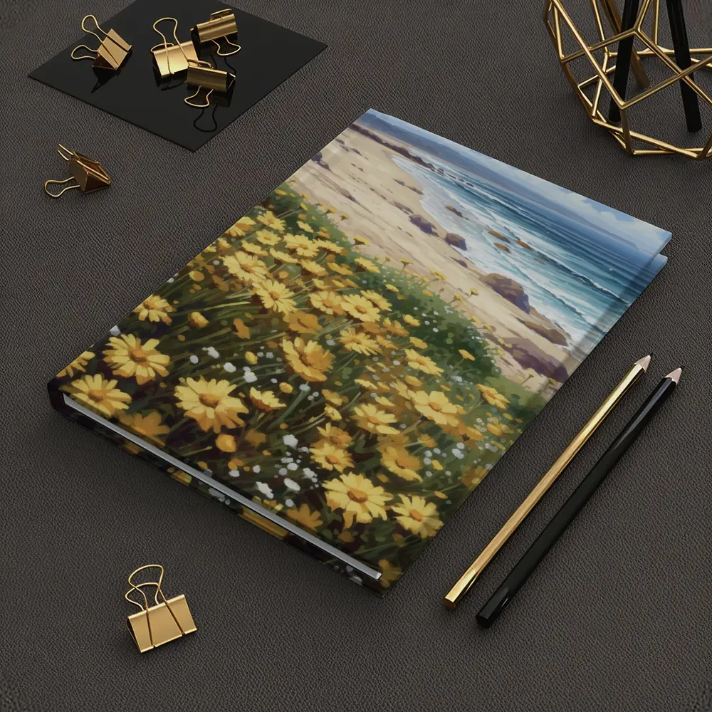 Yellow Daisies Coastal Beach Ocean Landscape Painting – Notebooks