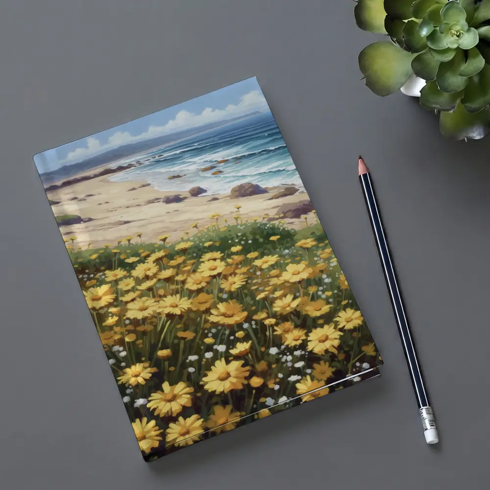 Yellow Daisies Coastal Beach Ocean Landscape Painting – Notebooks