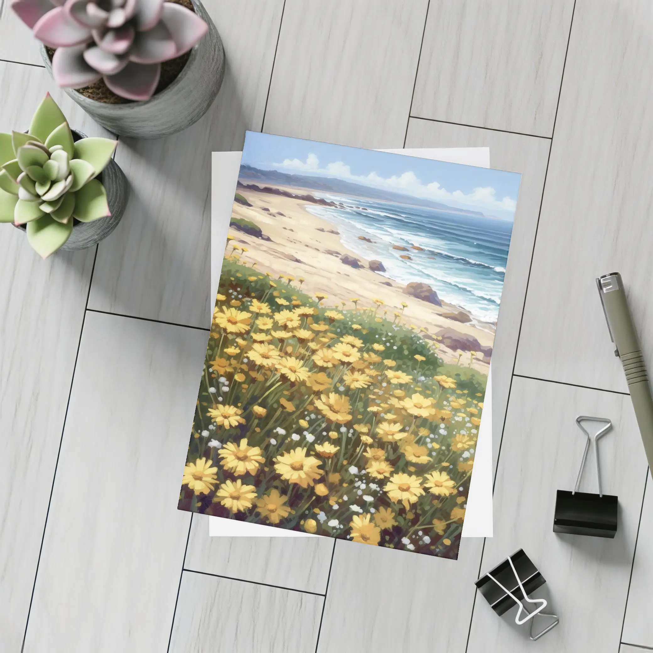 Yellow Daisies Coastal Beach Ocean Landscape Painting – Postcards