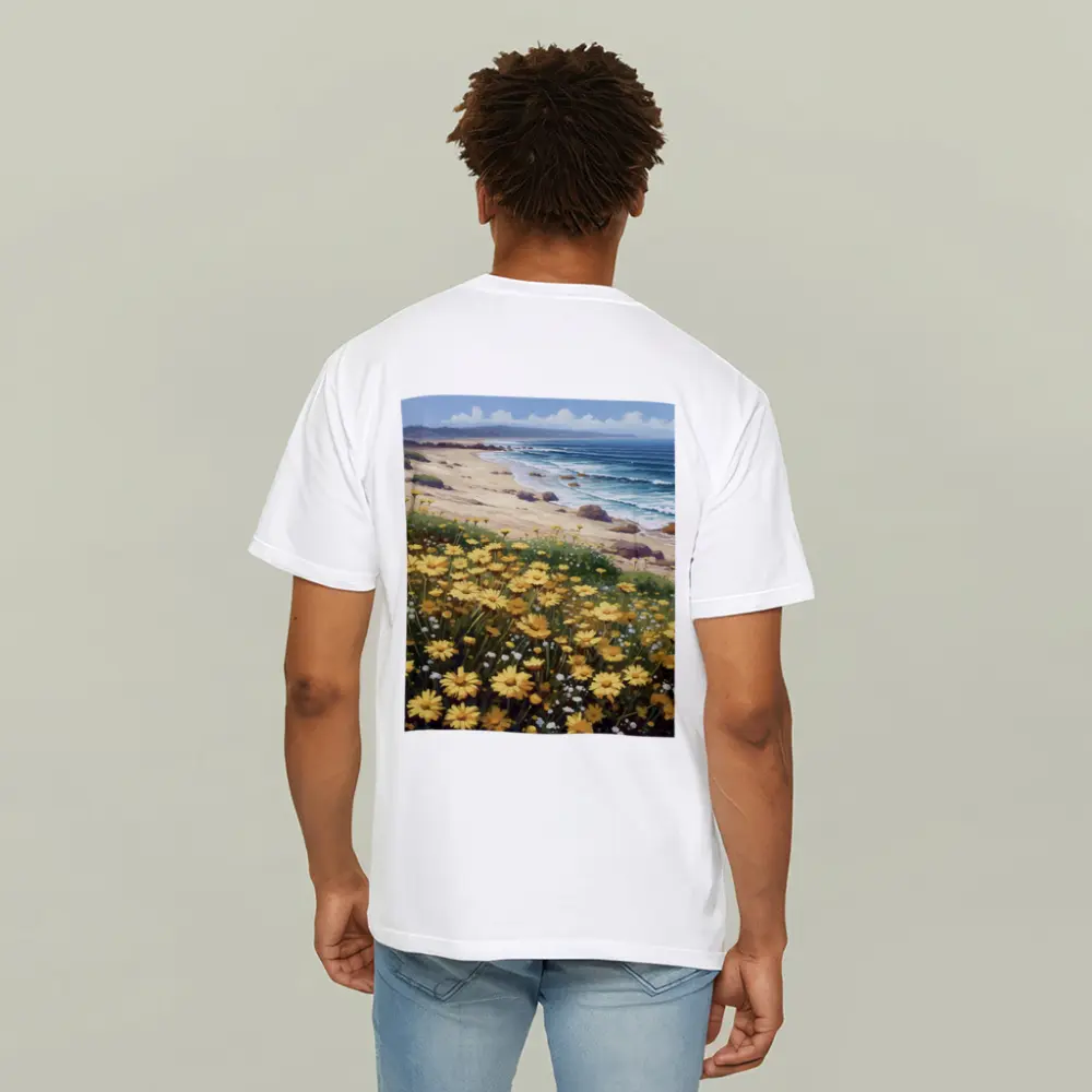 Yellow Daisies Coastal Beach Ocean Landscape Painting – T-Shirts