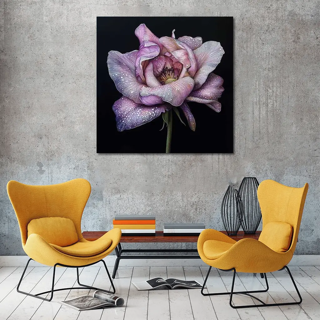 Purple Peony With Dew Drops Black Background – Wall Art