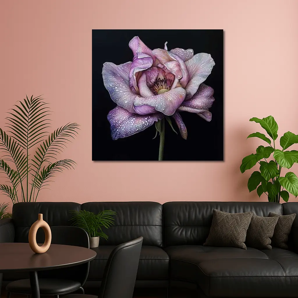 Purple Peony With Dew Drops Black Background – Wall Art