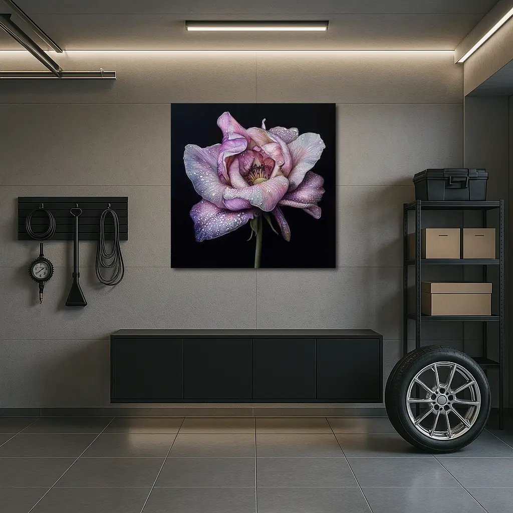 Purple Peony With Dew Drops Black Background – Wall Art