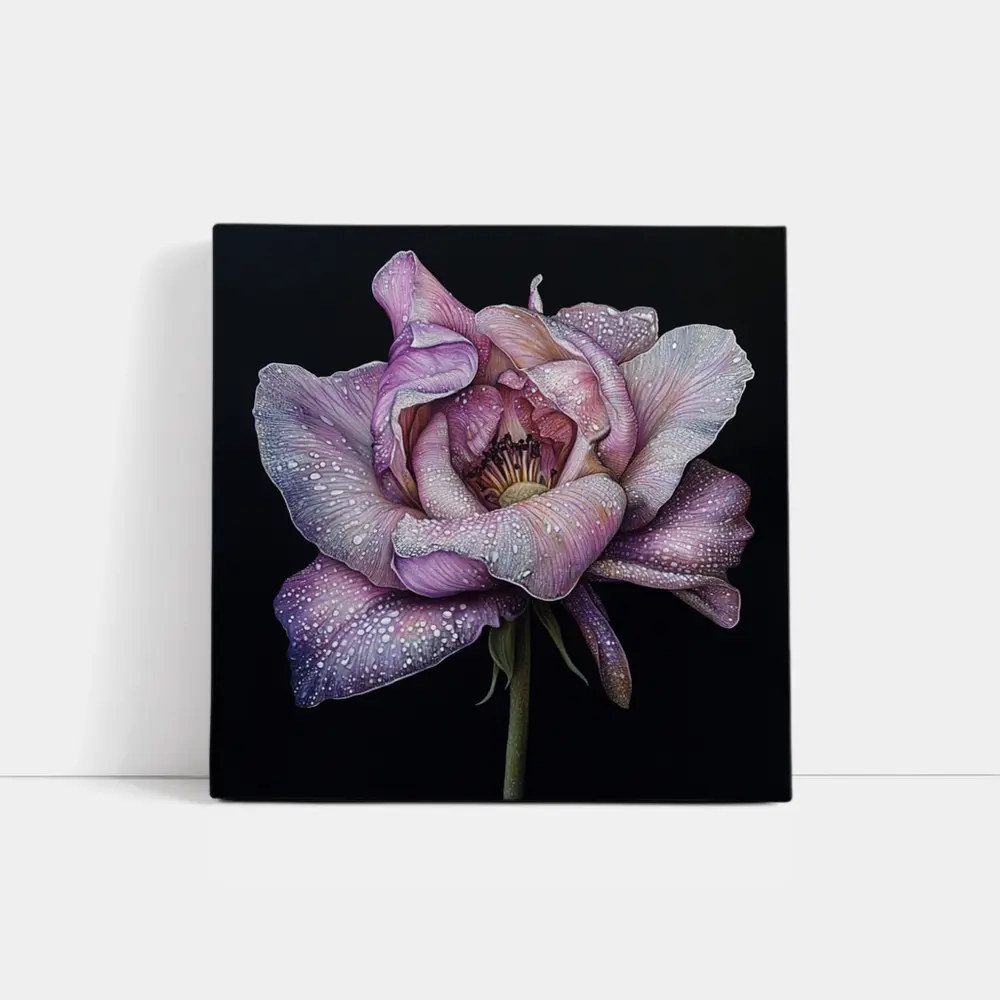 Purple Peony With Dew Drops Black Background – Wall Art
