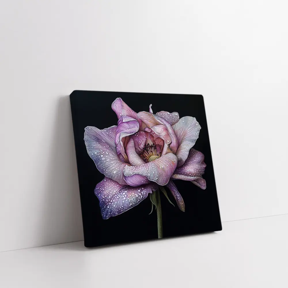 Purple Peony With Dew Drops Black Background – Wall Art
