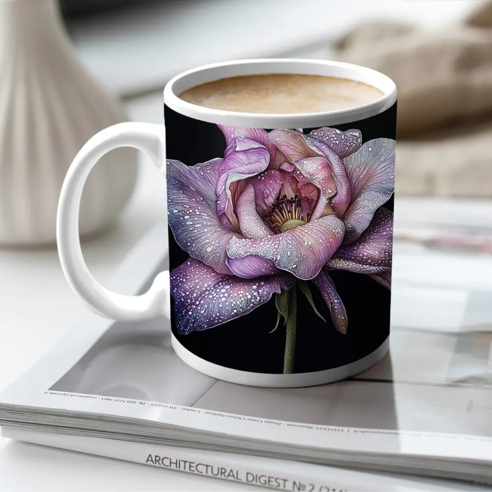 Purple Peony With Dew Drops Black Background – Mugs