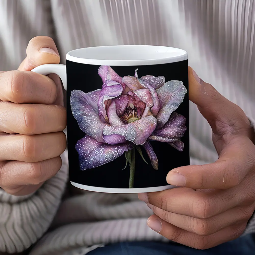 Purple Peony With Dew Drops Black Background – Mugs