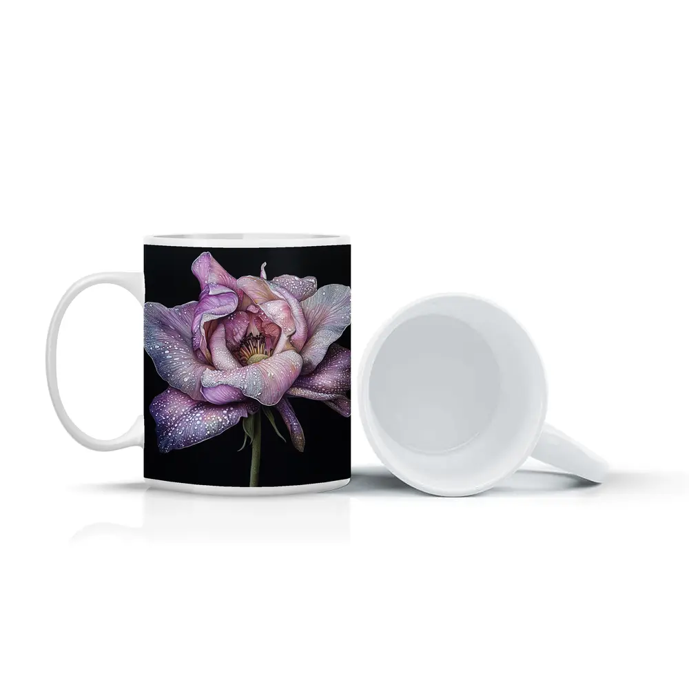 Purple Peony With Dew Drops Black Background – Mugs