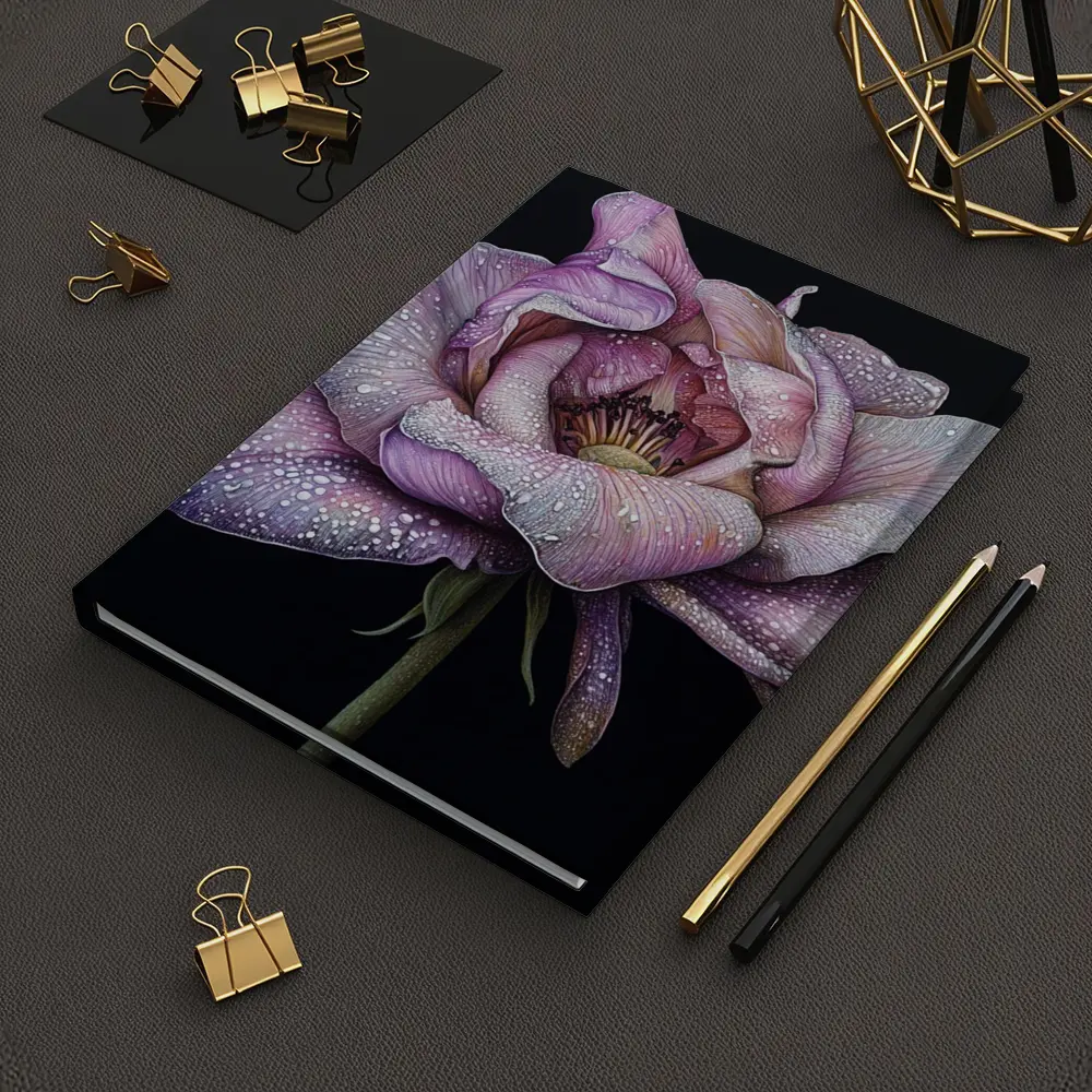 Purple Peony With Dew Drops Black Background – Notebooks