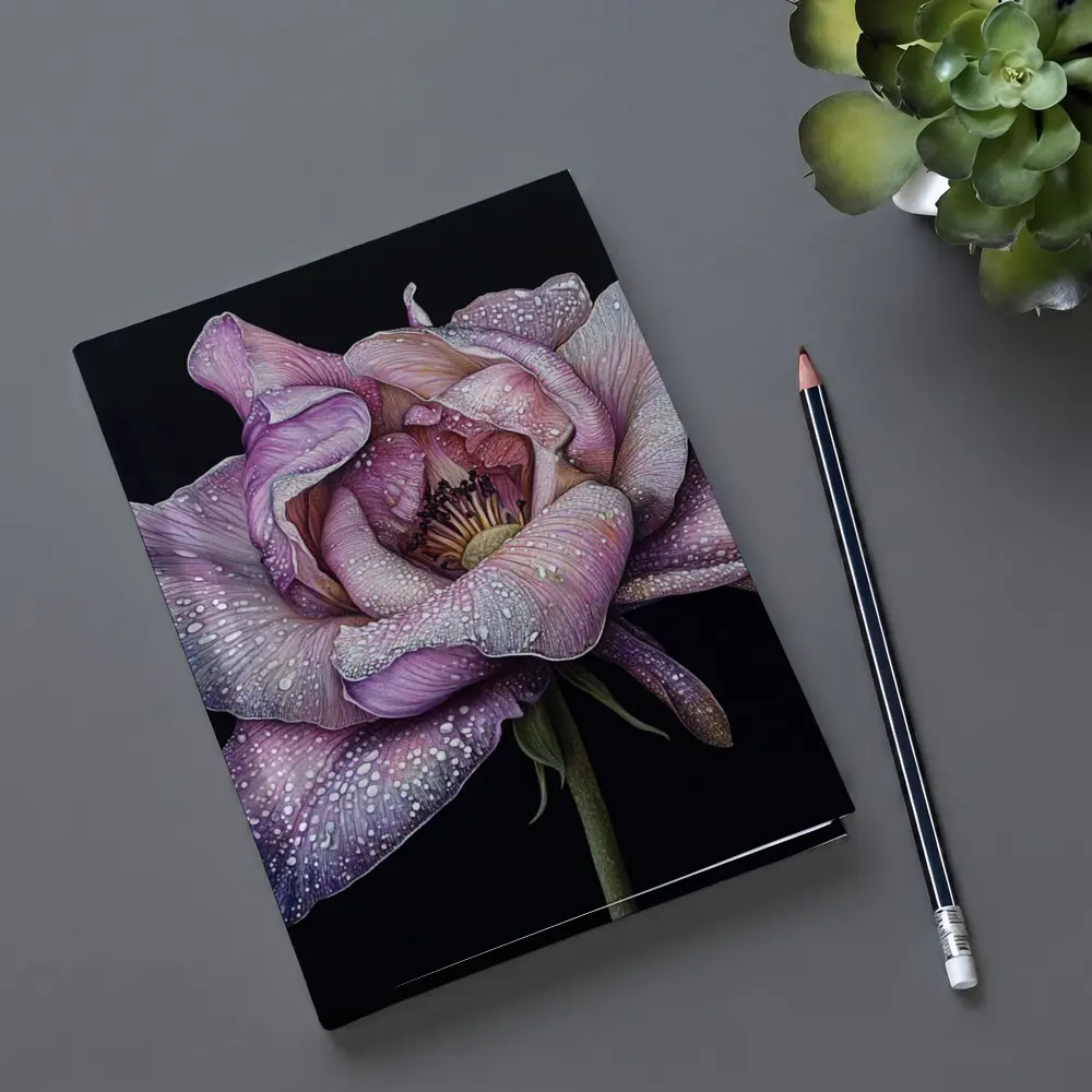 Purple Peony With Dew Drops Black Background – Notebooks