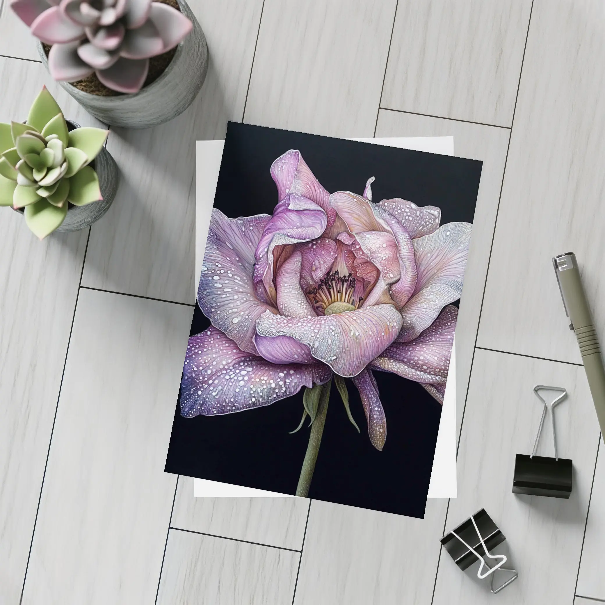 Purple Peony With Dew Drops Black Background – Postcards
