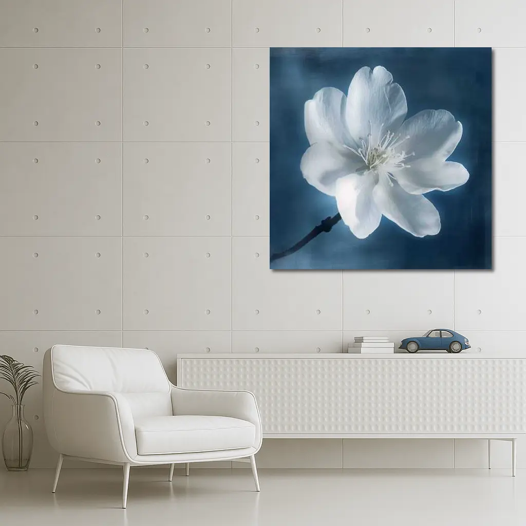 White Cherry Blossom Flower Blue Background – Wall Art