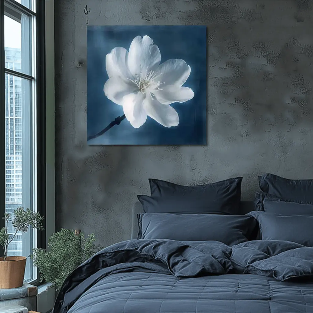 White Cherry Blossom Flower Blue Background – Wall Art