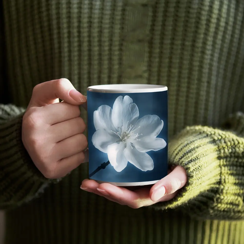 White Cherry Blossom Flower Blue Background – Mugs