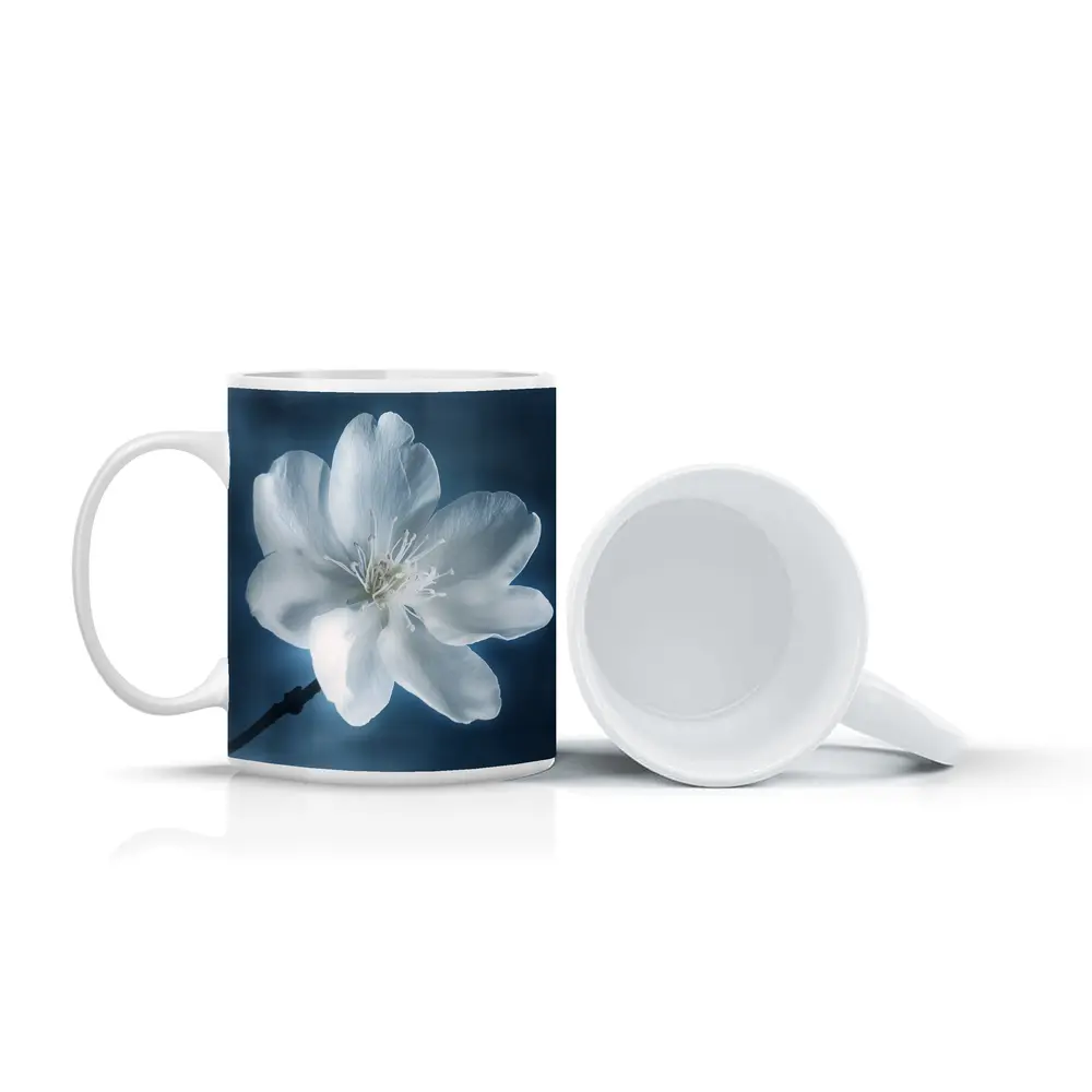 White Cherry Blossom Flower Blue Background – Mugs