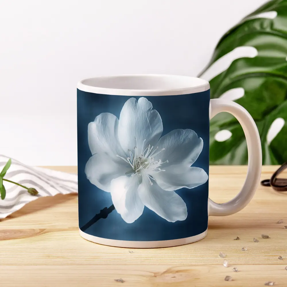 White Cherry Blossom Flower Blue Background – Mugs