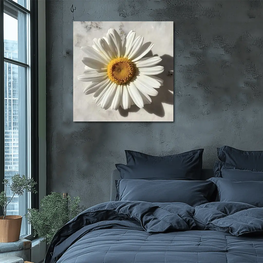 White Daisy Flower On Marble Surface – Wall Art