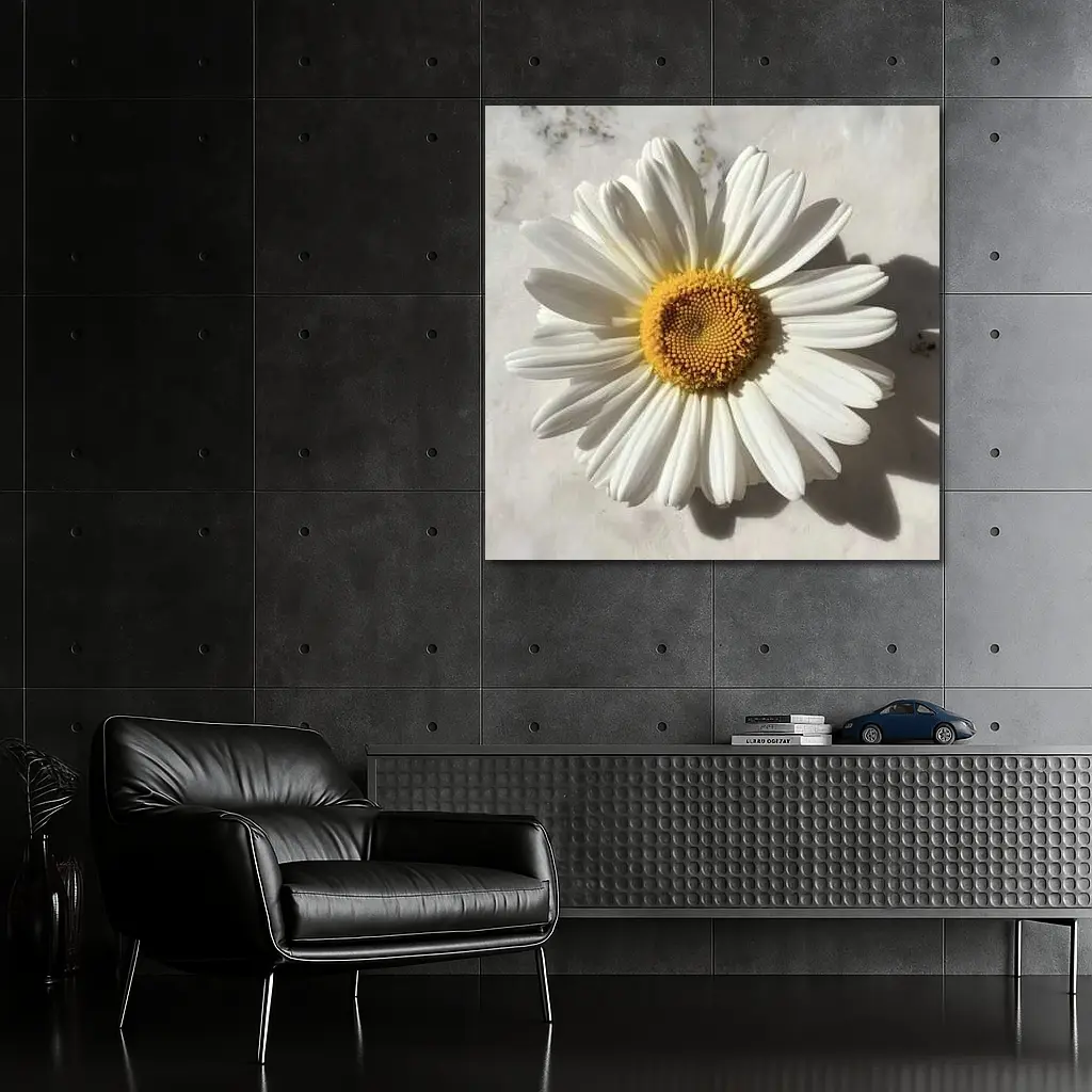 White Daisy Flower On Marble Surface – Wall Art