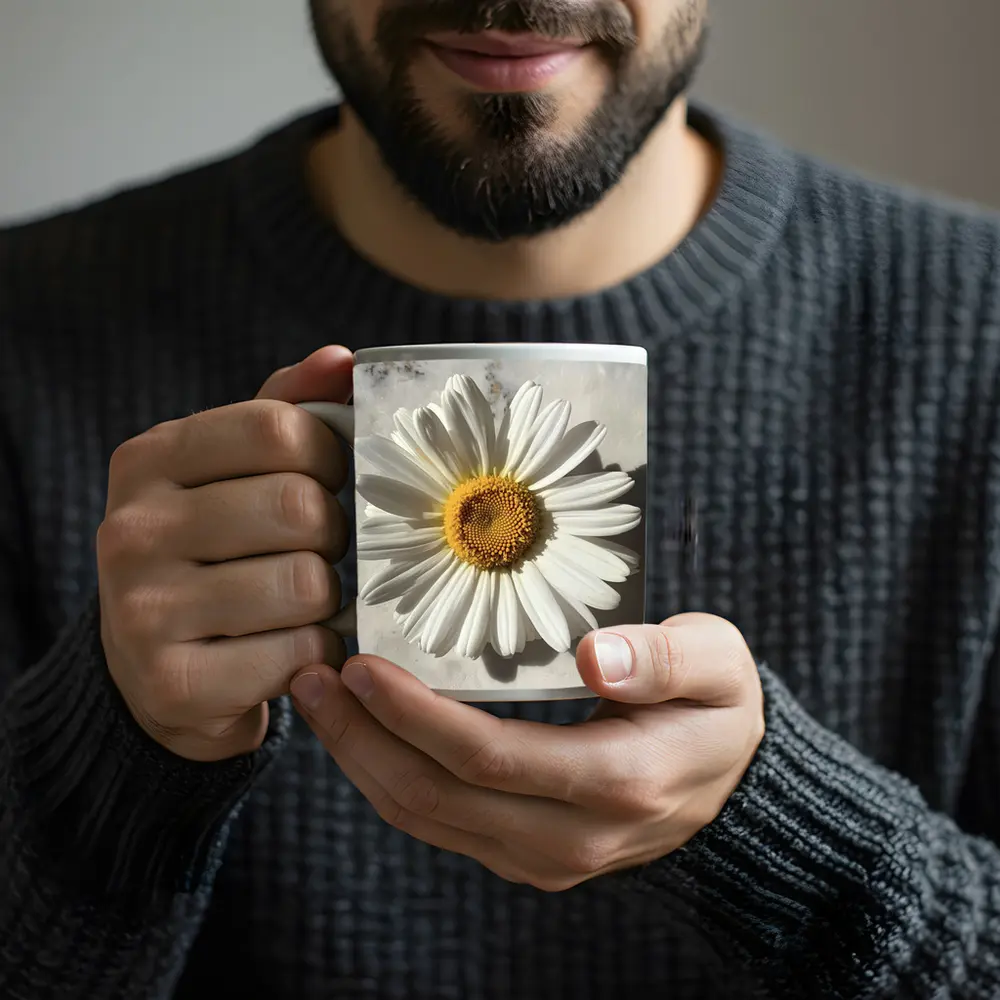 White Daisy Flower On Marble Surface – Mugs