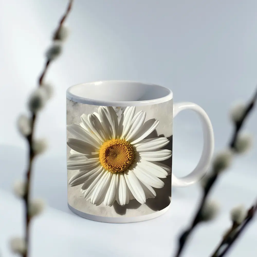 White Daisy Flower On Marble Surface – Mugs