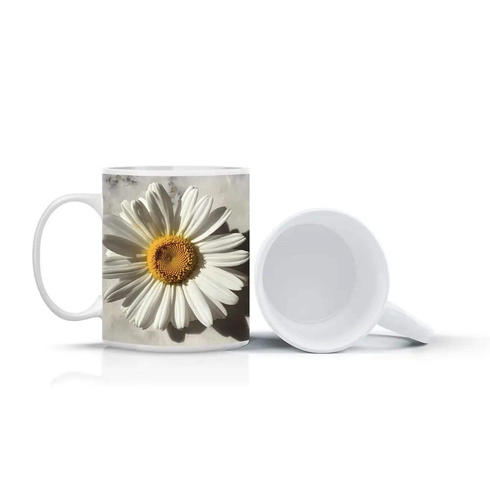 White Daisy Flower On Marble Surface – Mugs