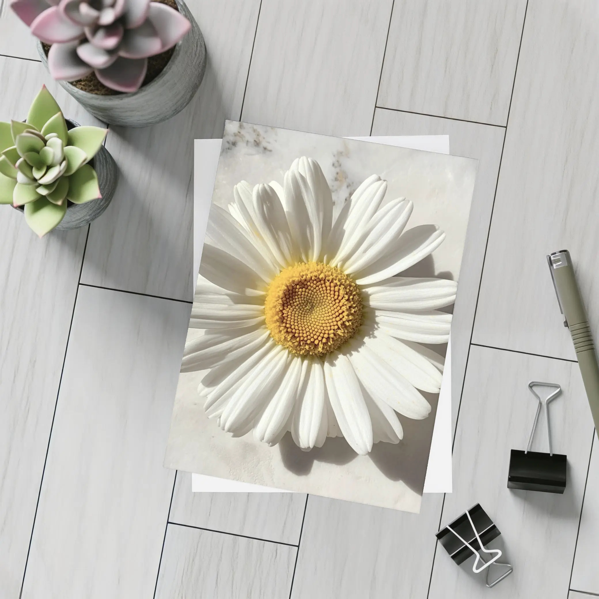 White Daisy Flower On Marble Surface – Postcards